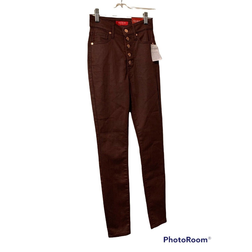 GUESS Women’s Lorelle Coated High waisted Button Front Jeans Marmont Red NWT 24